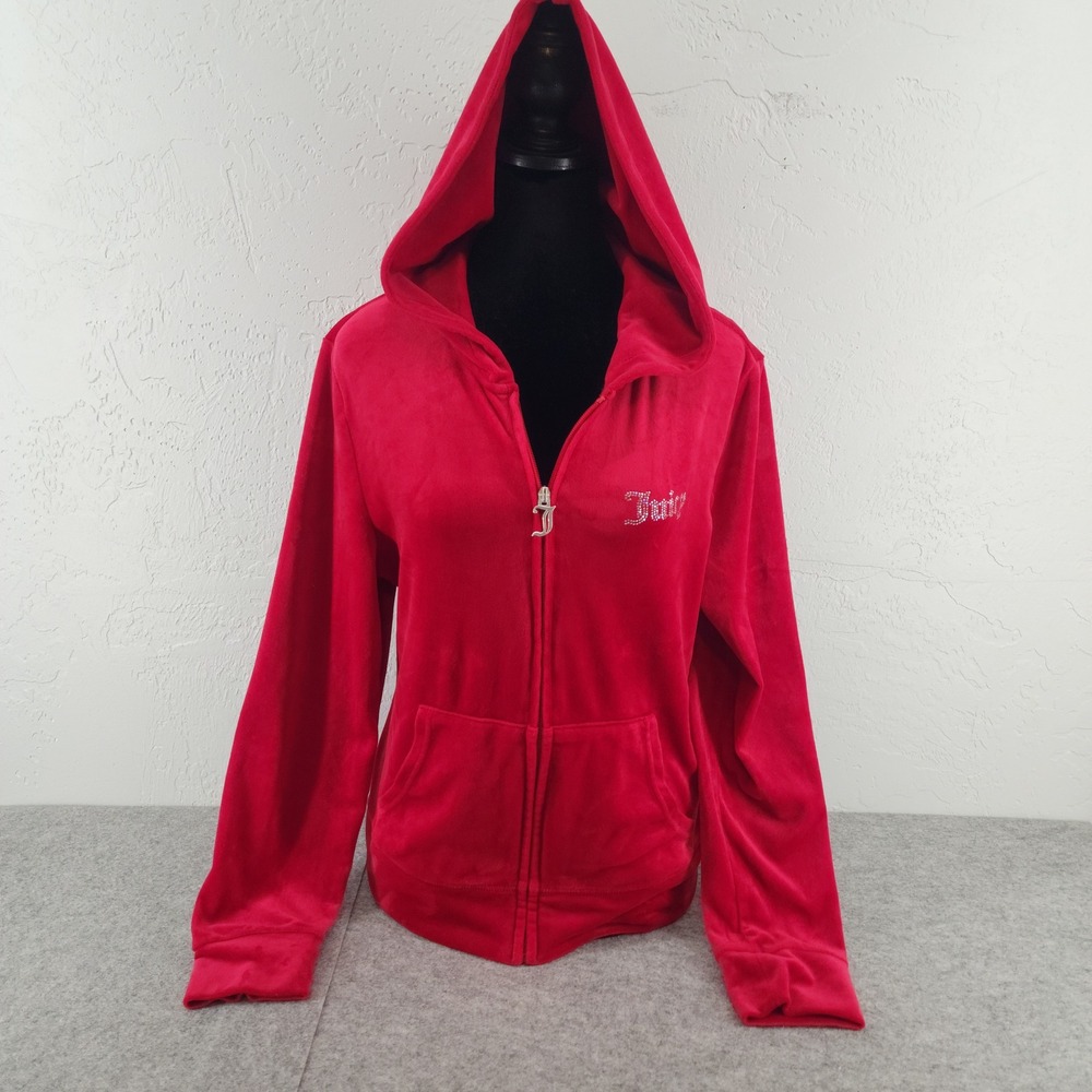 Juicy Couture Large | *FLAWS* Red Velour Rhinestone Logo Zip Up Hoodie Y2K
